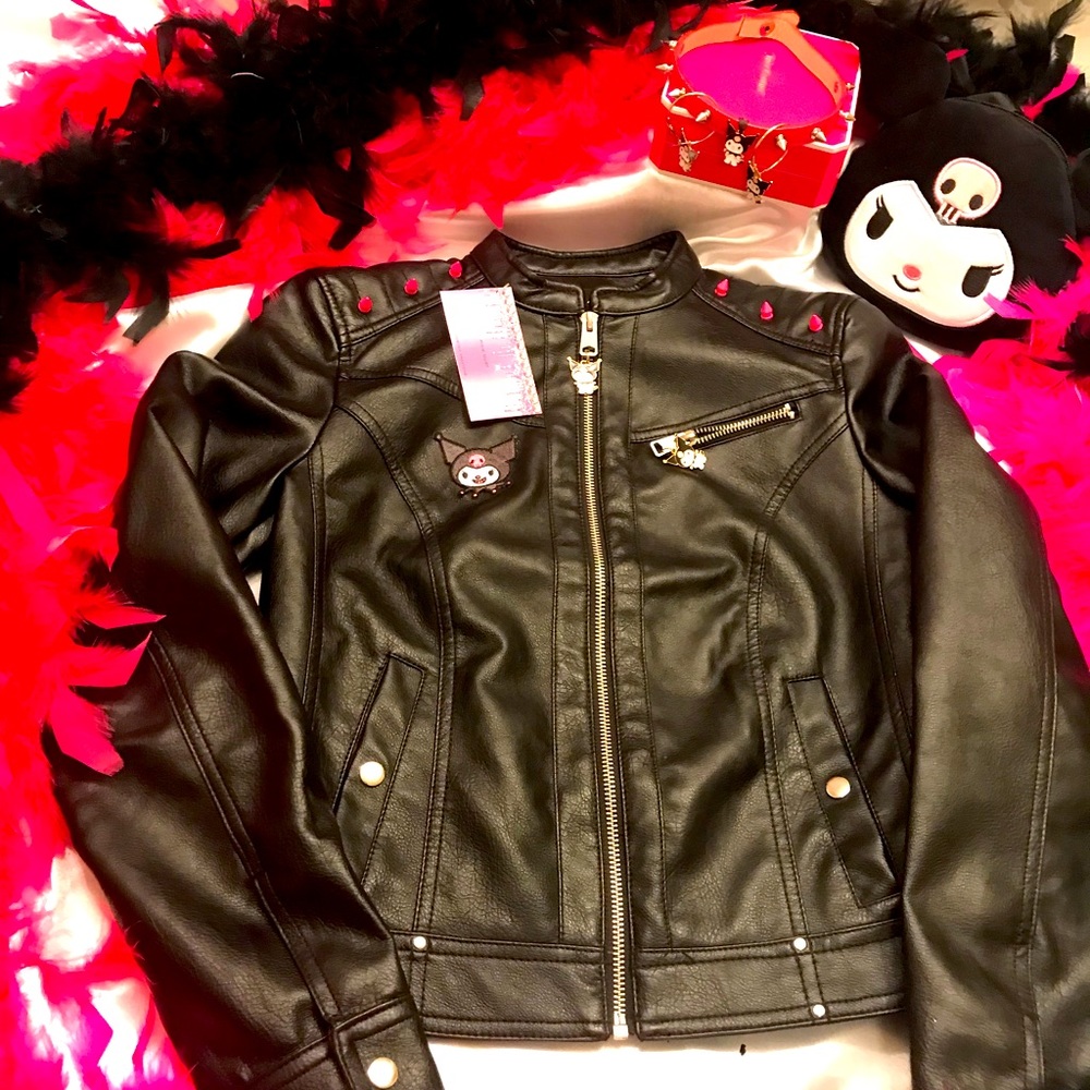 vintage y2k custom kuromi motorcycle 🏍 jacket 👿chocker and Sanrio earrings 💕